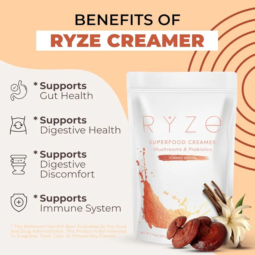 RYZE SUPERFOODS Probiotic Coffee Creamer with 6 Organic Adaptogenic Mushrooms & Probiotics for Energy, Focus, Digestion with USA Grown Turkey Tail, Shiitake, Lions Mane, Reishi, Gluten Free 30 serving