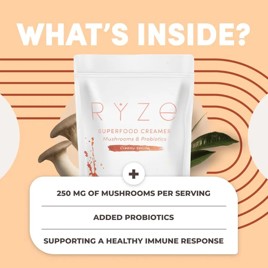 RYZE SUPERFOODS Probiotic Coffee Creamer with 6 Organic Adaptogenic Mushrooms & Probiotics for Energy, Focus, Digestion with USA Grown Turkey Tail, Shiitake, Lions Mane, Reishi, Gluten Free 30 serving