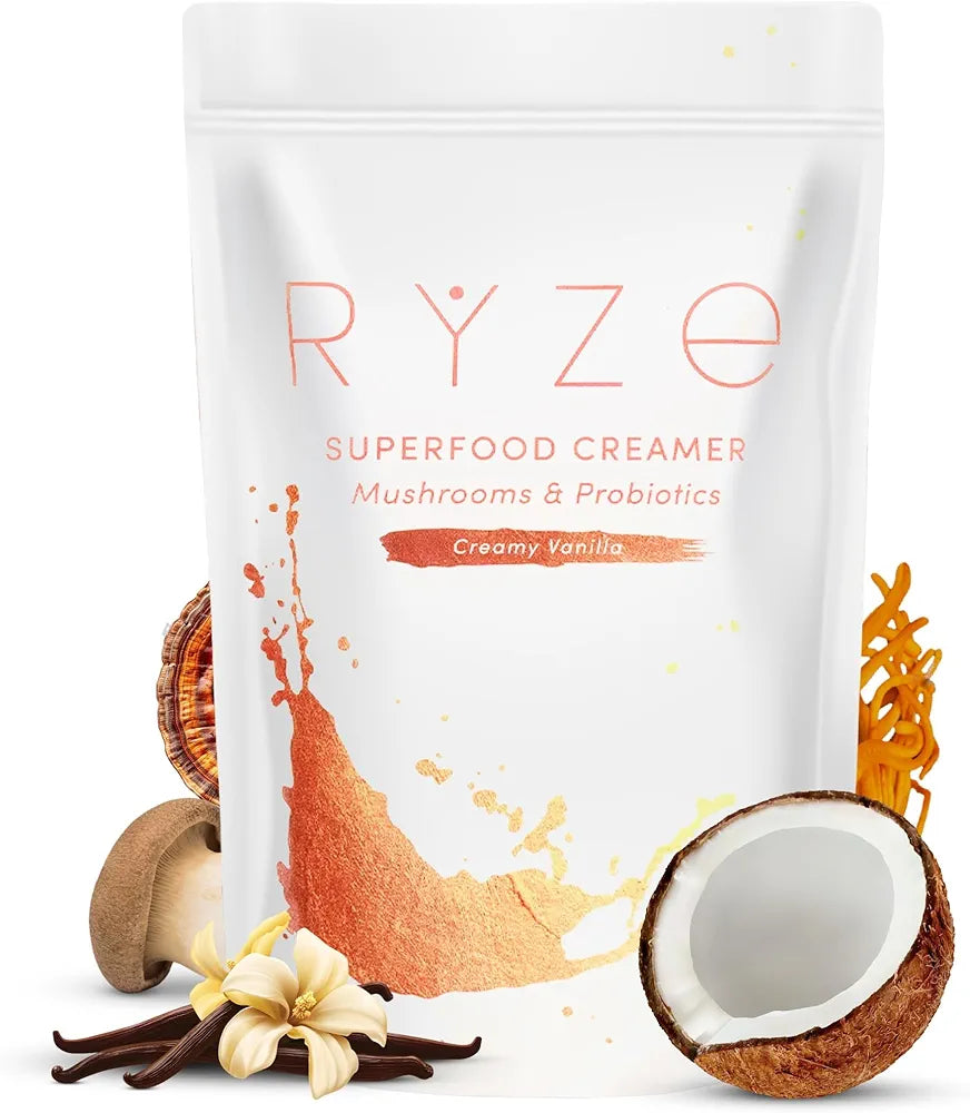 RYZE SUPERFOODS Probiotic Coffee Creamer with 6 Organic Adaptogenic Mushrooms & Probiotics for Energy, Focus, Digestion with USA Grown Turkey Tail, Shiitake, Lions Mane, Reishi, Gluten Free 30 serving