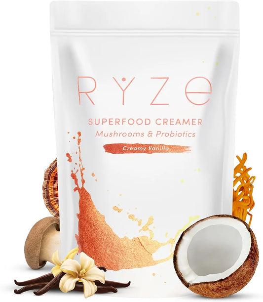 RYZE SUPERFOODS Probiotic Coffee Creamer with 6 Organic Adaptogenic Mushrooms & Probiotics for Energy, Focus, Digestion with USA Grown Turkey Tail, Shiitake, Lions Mane, Reishi, Gluten Free 30 serving