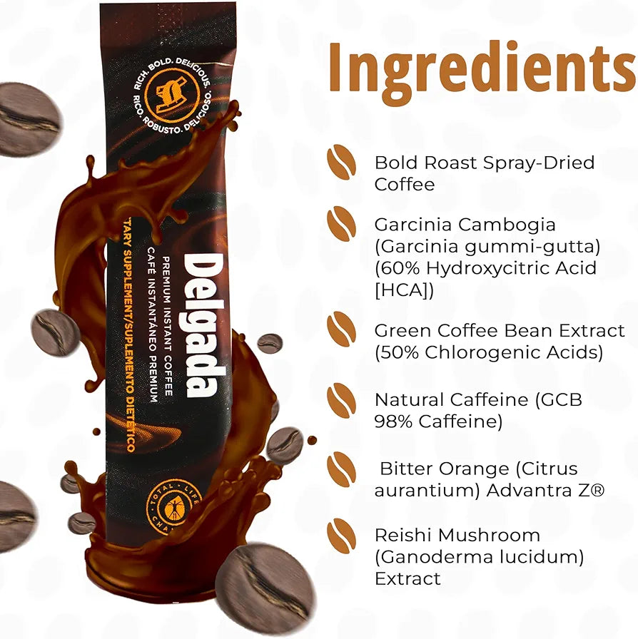 Delgada Instant Coffee - Premium Garcinia Cambogia and Ganoderma, Rich Bold Taste - 30 Sachets