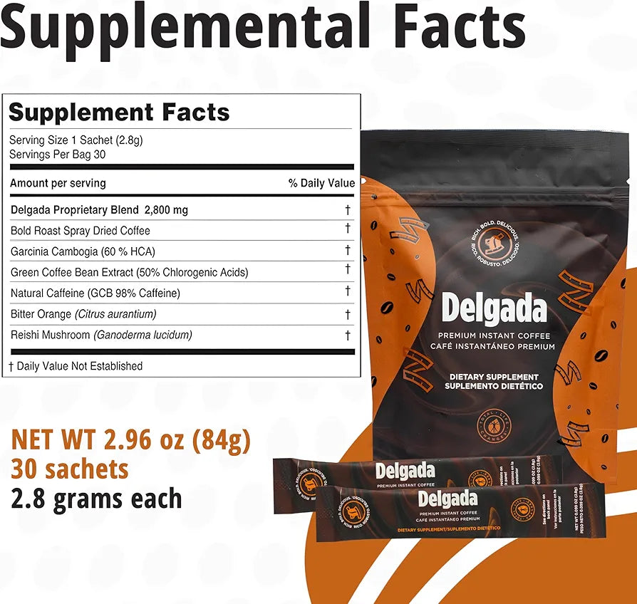 Delgada Instant Coffee - Premium Garcinia Cambogia and Ganoderma, Rich Bold Taste - 30 Sachets