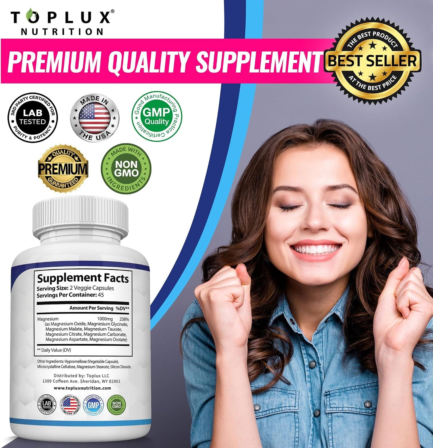 Magnesium Complex Supplement 8 Elemental 1000mg - Magnesium Glycinate, Citrate, Malate, Taurate, Chelated for Easy Absorption for Bones, Muscle, Recovery, Energy, Vegan Non-GMO 90 Capsules