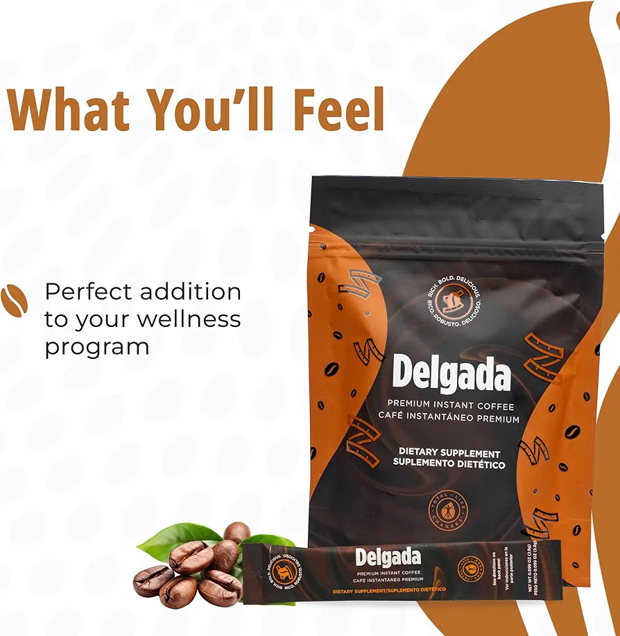 Delgada Instant Coffee - Premium Garcinia Cambogia and Ganoderma, Rich Bold Taste - 30 Sachets